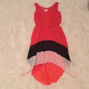 Coral, black and white dress
